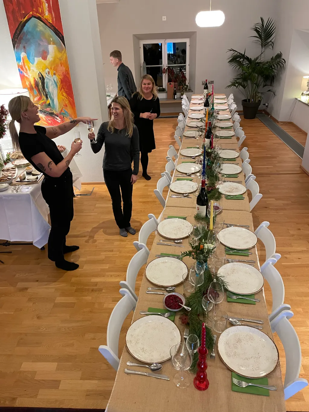 Long dinner table stretching length of living room