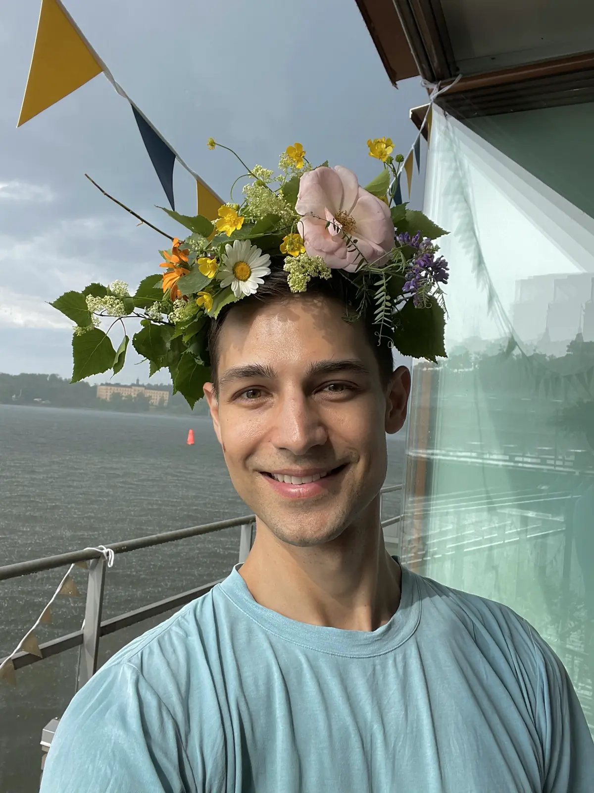 Jeremiah wearing a traditional Midsommar flower crown