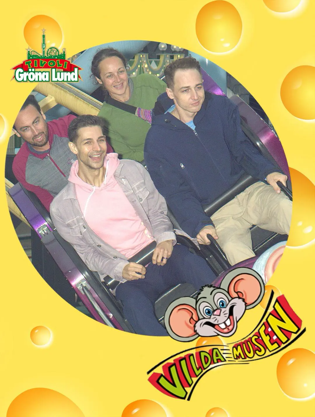 Joshua, Rachel, Jeremiah, JJ on Vilda Musen rollercoaster at Gröna Lund