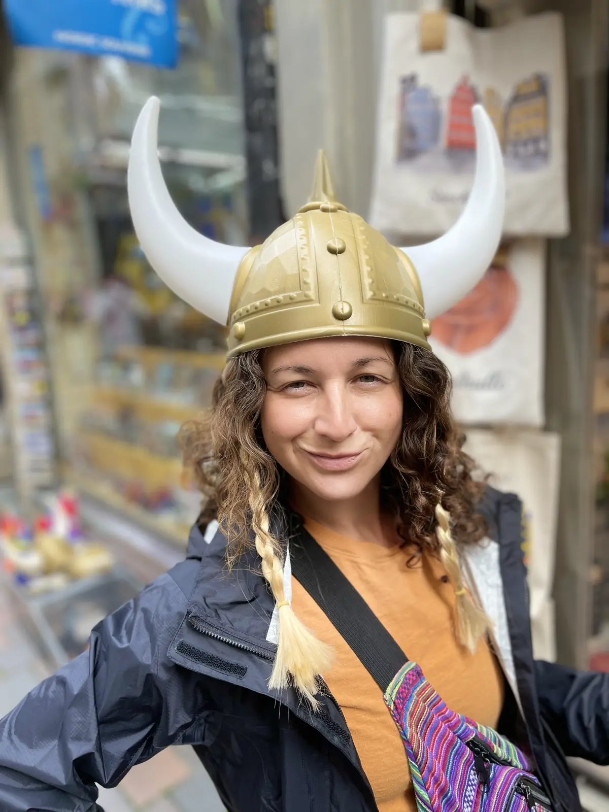 Rachel wearing plastic viking horn helmet