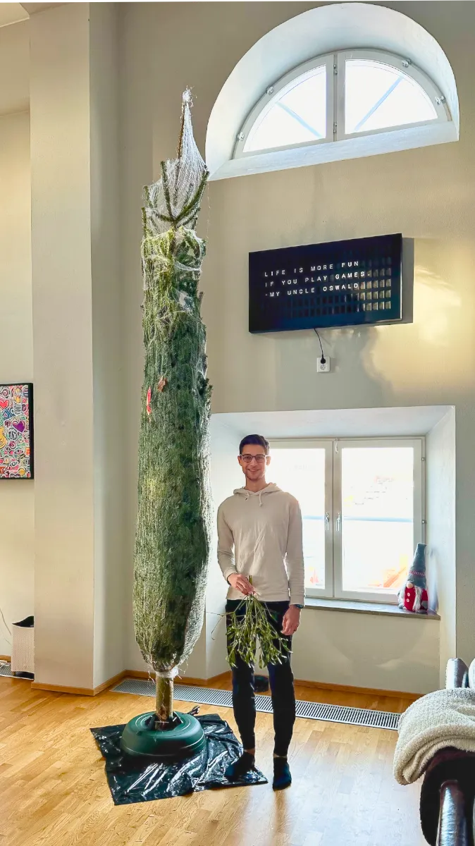 Tree wrapped and Jeremiah standing beside it. The tree is much taller.