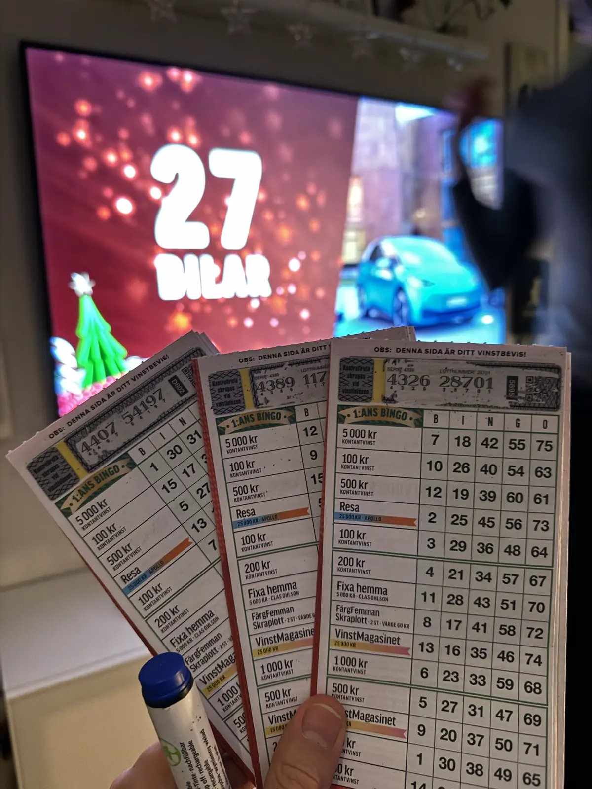 Bingo tickets held up in front of tv with bingo show