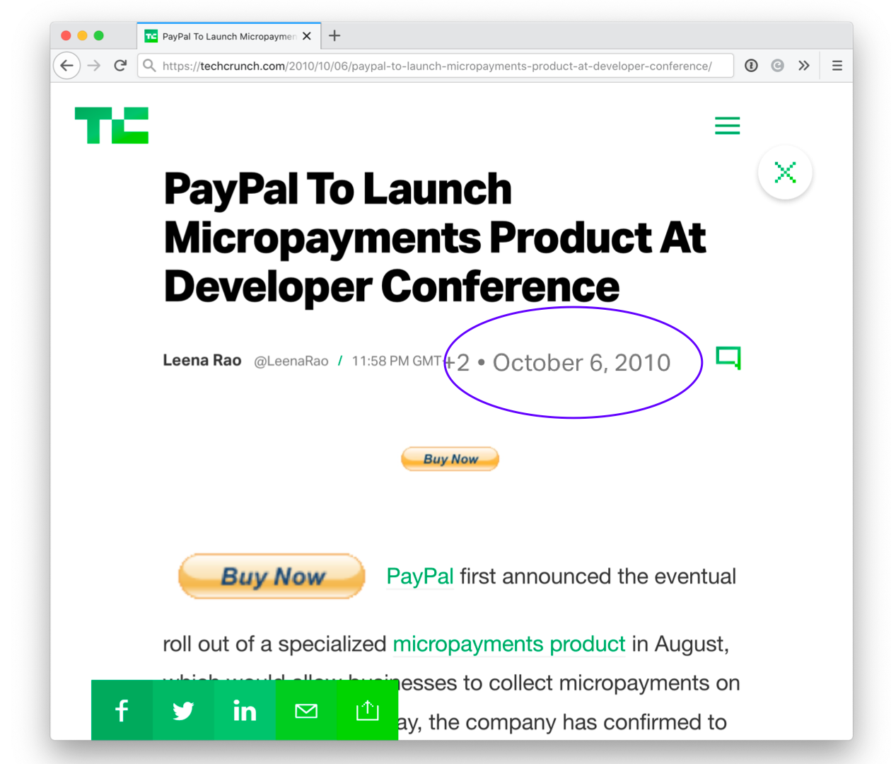 Slide. Screenshot of TechCrunch article. Headline: PayPal to launch micropayments product at developer conference: October 6, 2010