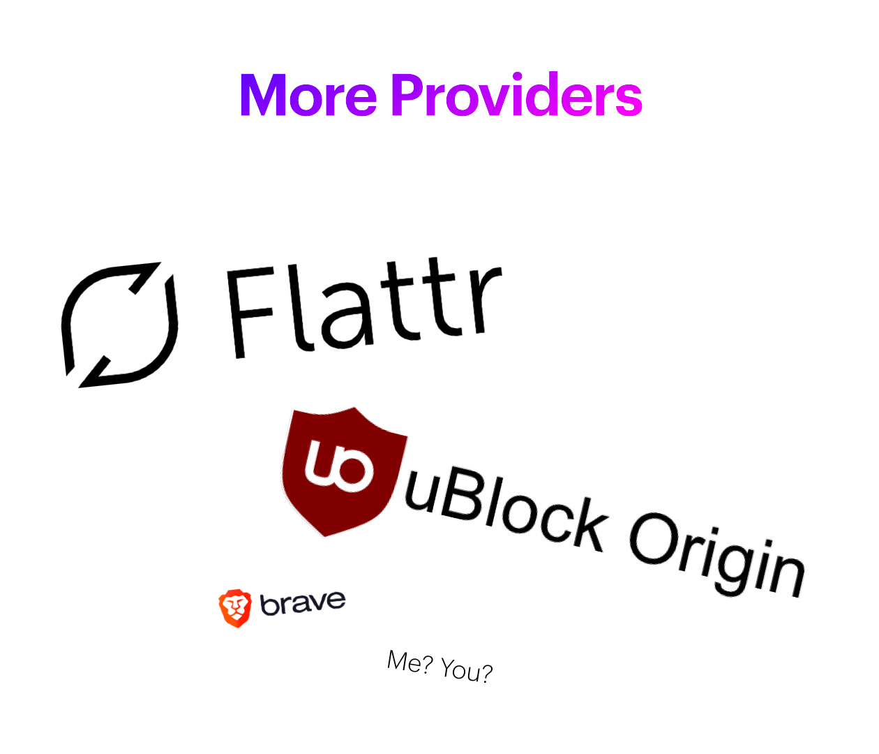 Slide. More providers. Logos of Flattr, uBlock Origin, Brave. Text: You? Me?