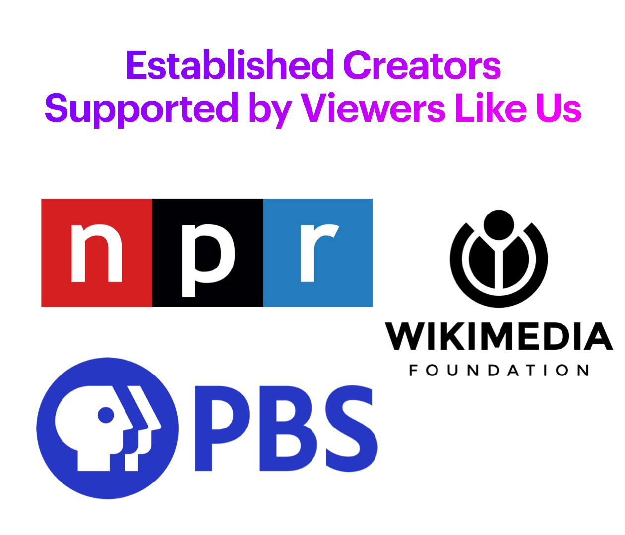 Slide. Established creators supported by viewers like you. Logos of NPR, PBS, Wikimedia Foundation