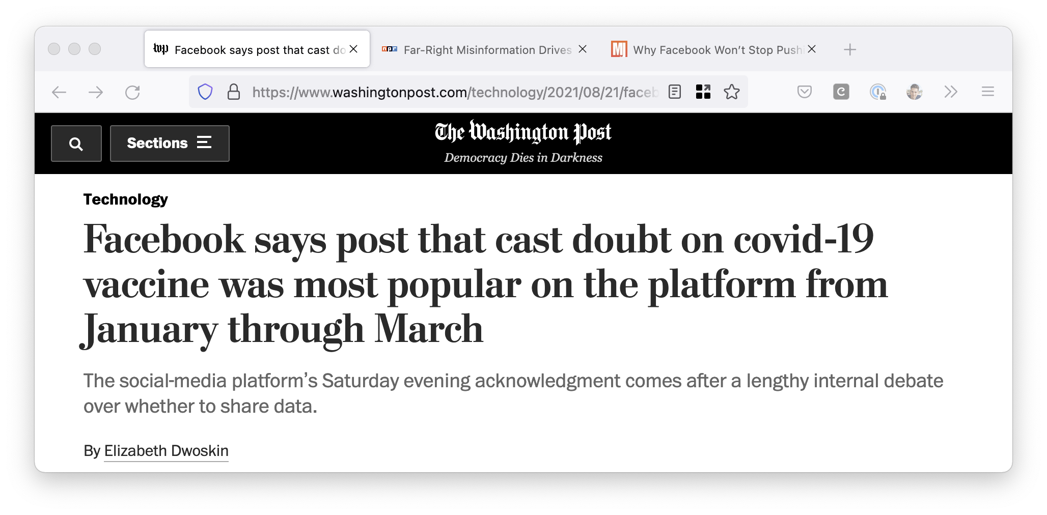 Screenshot of Washington Post. Headline: Facebook says post that cast doubt on covid-19 vaccine was most popular on the platform from January through March