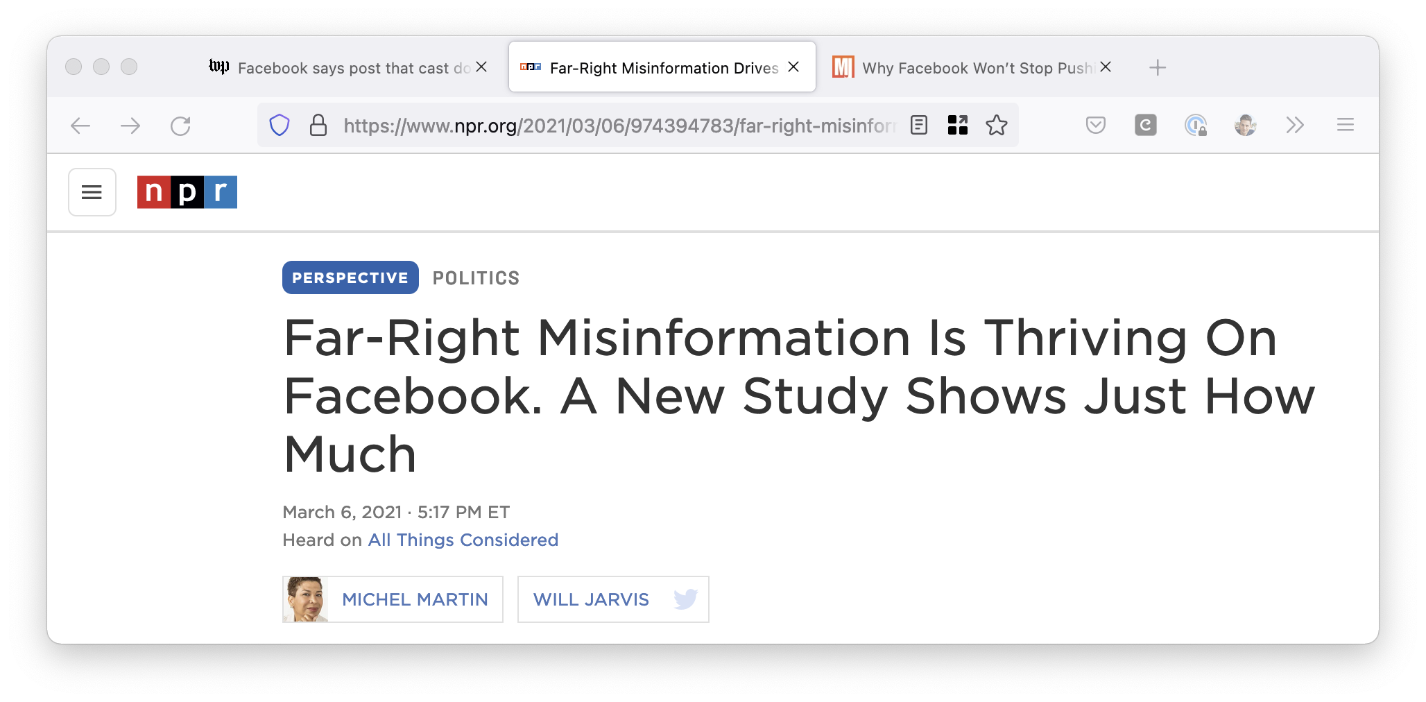 Screenshot of NPR. Headline: Far-Right Misinformation Is Thriving On Facebook. A New Study Shows Just How Much