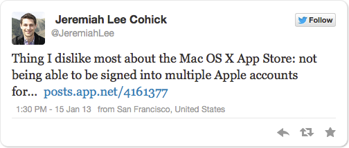 Thing I dislike most about the Mac OS X App Store: not being able to be signed into multiple Apple accounts for… https://posts.app.net/4161377