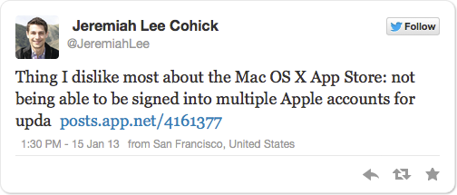 Thing I dislike most about the Mac OS X App Store: not being able to be signed into multiple Apple accounts for upda https://posts.app.net/4161377