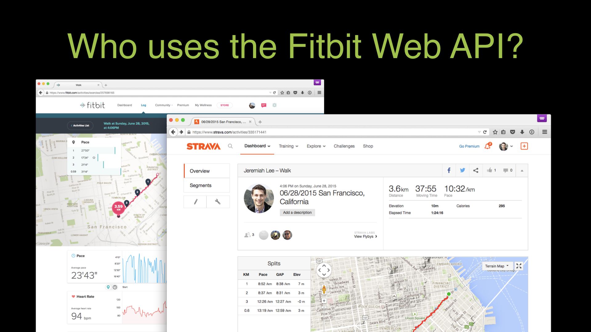 Screenshots of a walk with location data appearing as a map in both the Fitbit and Strava apps