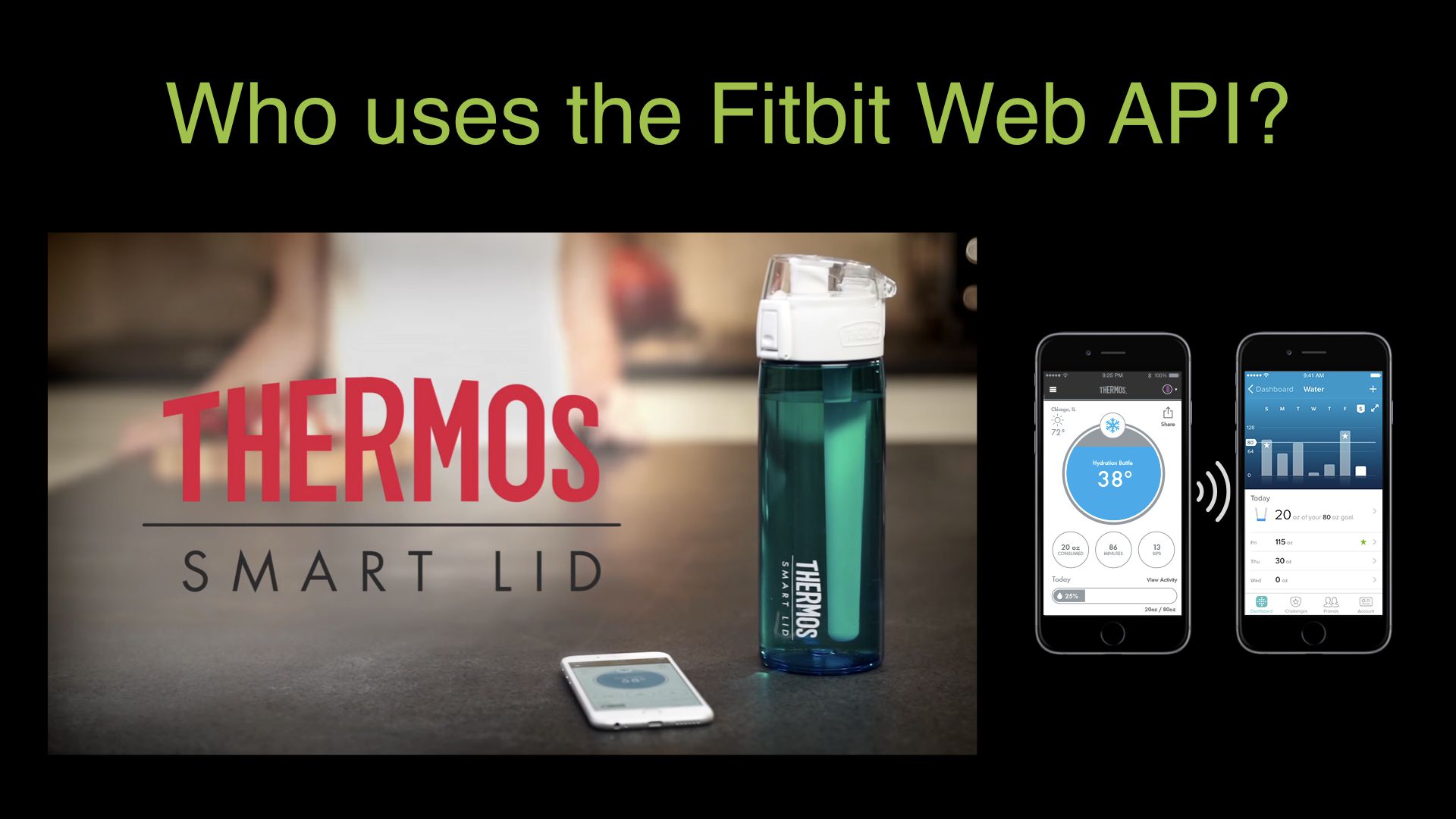Photo of Thermos smart water bottle and screenshot of Thermos app syncing water consumption data to the Fitbit app