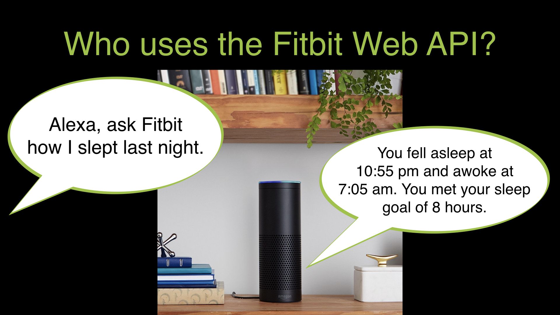 Photo of Amazon Echo smart speaker with speech bubbles. Alexa, ask Fitbit how I slept last night. You fell asleep at 10:55 pm and awoke at 7:05 am. You met your sleep goal of 8 hours.