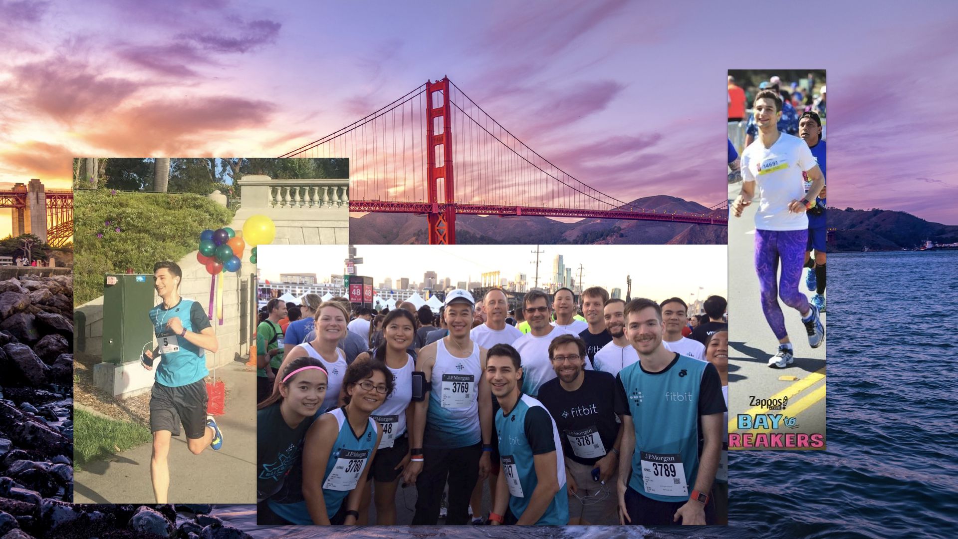 Background photo of the Golden Gate Bridge. Three photos of Jeremiah running races. The second photo is of multiple Fitbit employees before a race wearing shirts with the Fitbit logo.