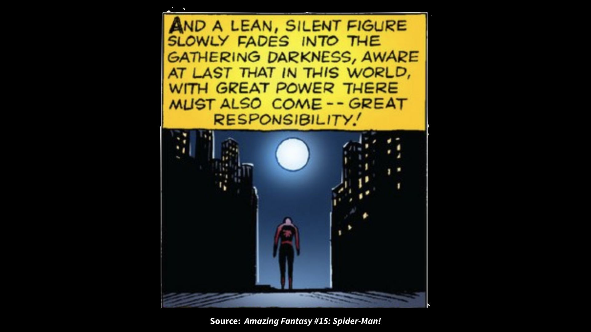 Comic panel from Amazing Fantasy #15: Spider-Man!. Text: And a lean, silent figure slow fades into the gathering darkness, aware at last that in this world, with great power there must also come great responsibility!