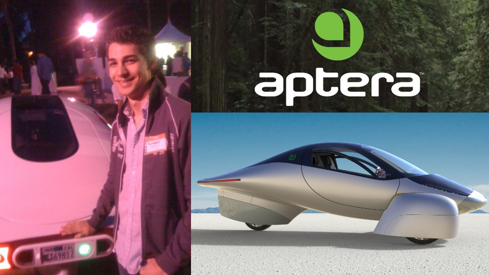 Jeremiah with 2009 Aptera prototype. The Aptera logo and Aptera 2020 prototype in a desert.