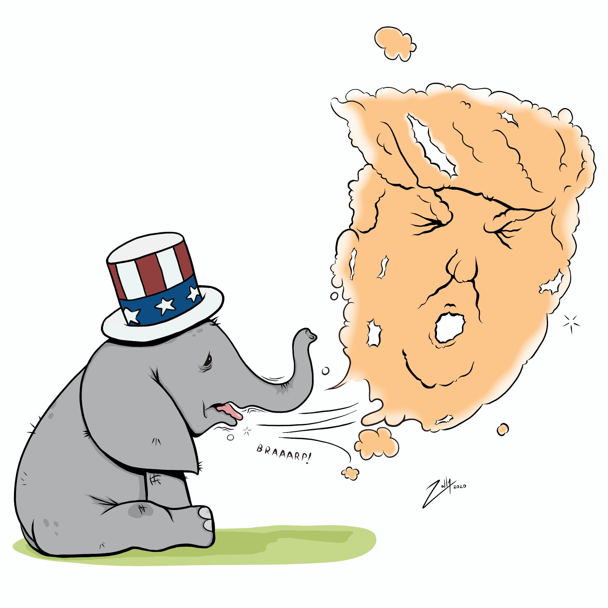 Sickly elephant wearing hat with US flag pattern burping a gaseous cloud in the shape of Donald Trump's face