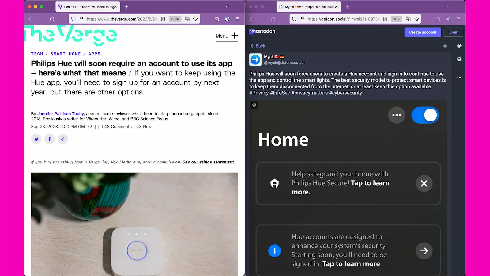 Screenshot of The Verge article. Headline: Philips Hue will soon require an account to use its app. Screenshot of Hue app with notice of account required.