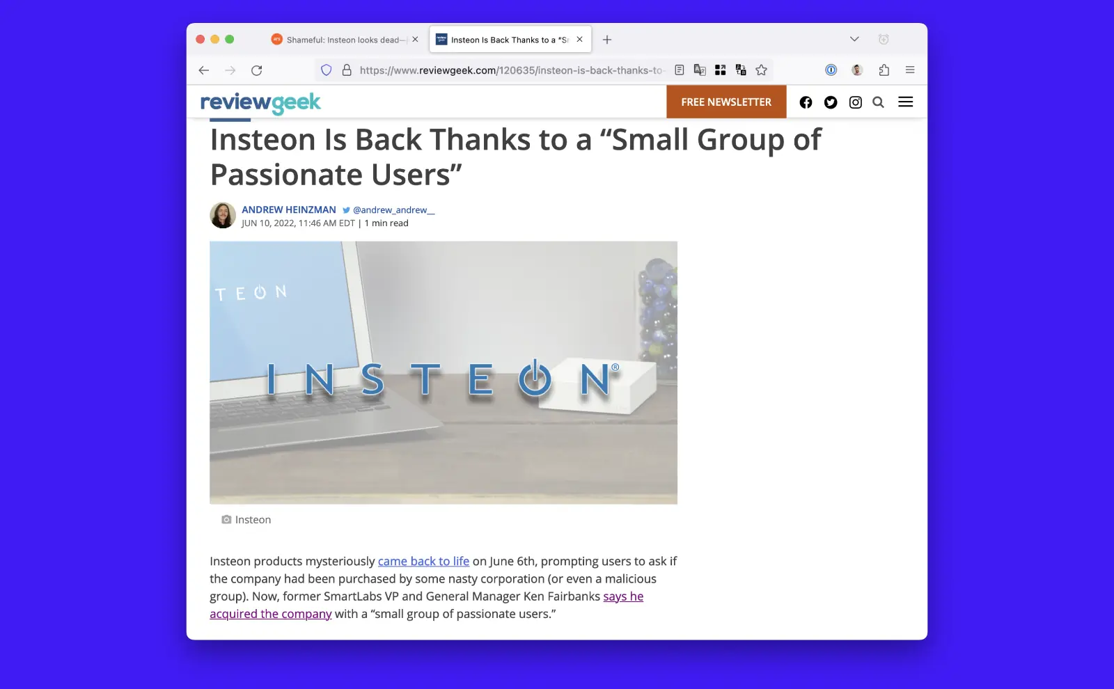 Screenshot of Review Geek article. Insteon Is Back Thanks to a Small Group of Passionate Users