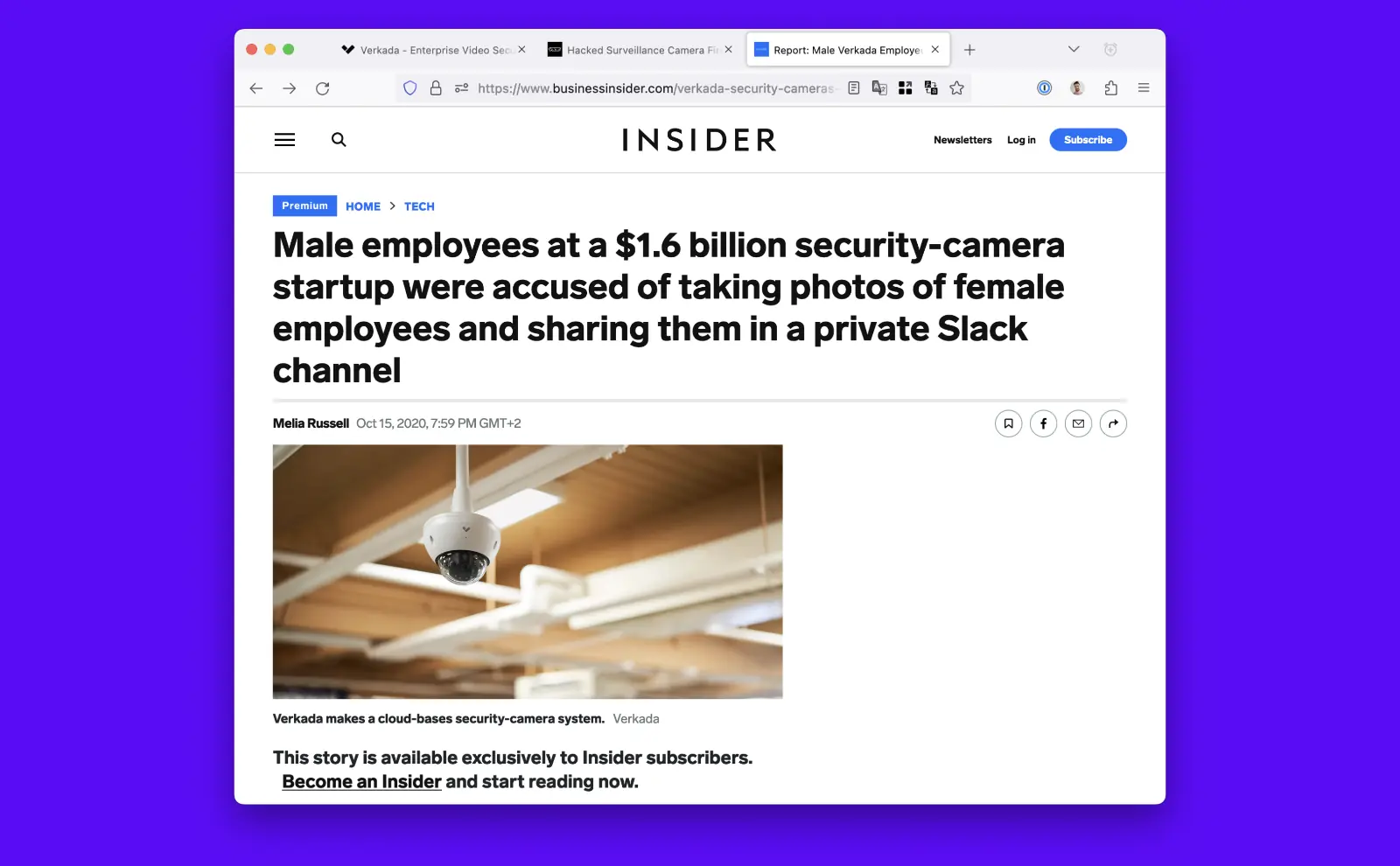 Screenshot of Business Insider article. Male employees at a $1.6 billion security-camera startup were accused of taking photos of female employees and sharing them in a private Slack channel