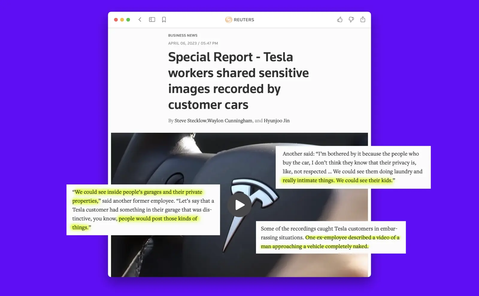 Screenshot of Reuters article. Special Report. Tesla workers shared sensitive images recorded by customer cars