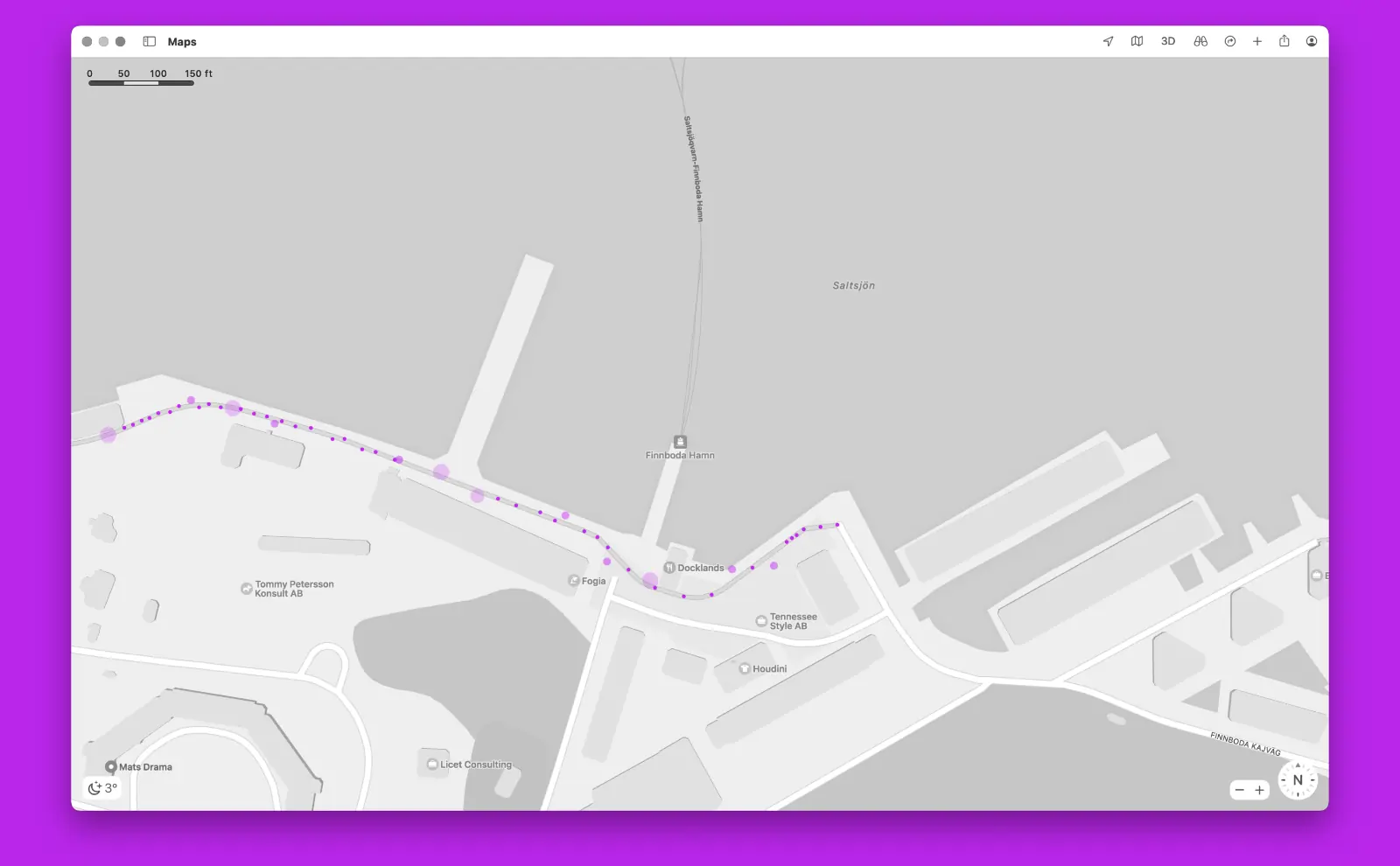 Map with GPS coordinate dots scattered along path. Dots are in different sizes. Larger dots mean less accuracy.