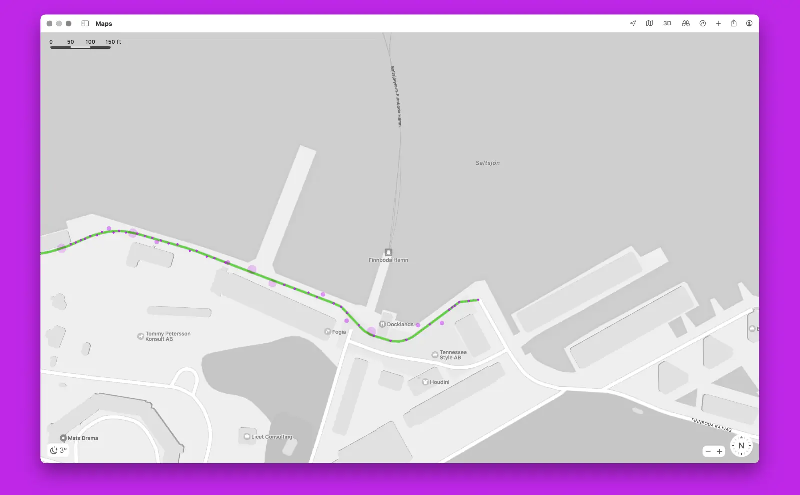 Smoothed line averaging the GPS points to a path