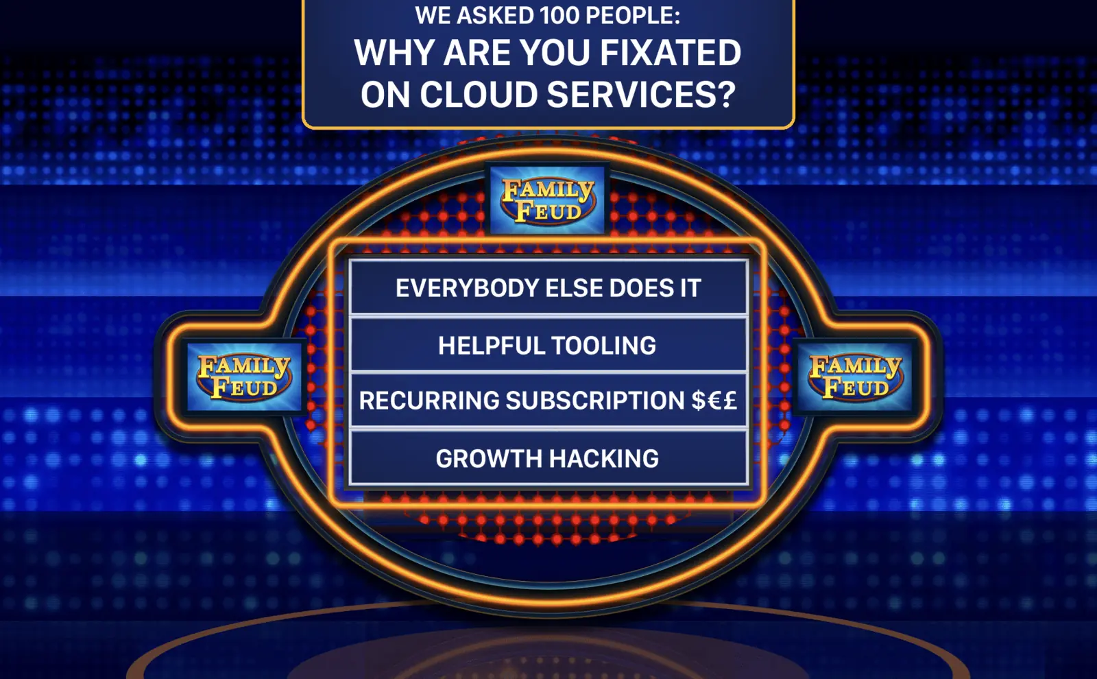 Family Feud game show board. We asked 100 people: Why are you fixated on cloud services? Answers: 1. Everybody else does it. 2. Helpful tooling. 3. Recurring revenue. 4. Growth hacking.