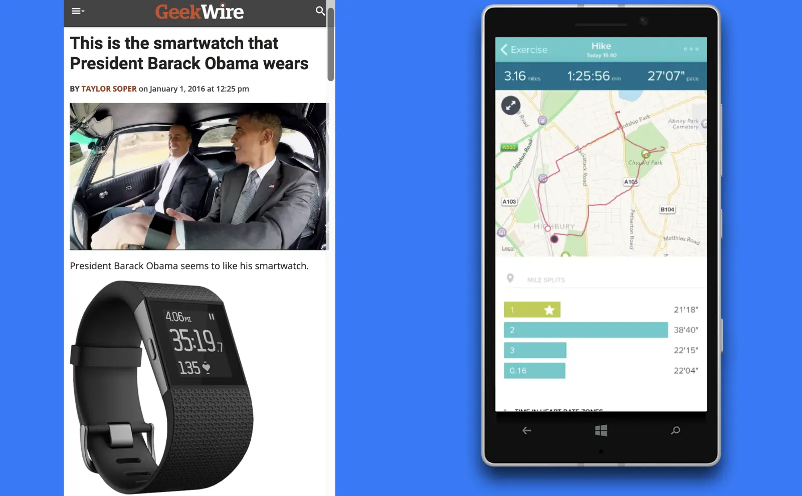 President Obama wearing a Fitbit Surge. Fitbit app showing a hike workout summary on a Windows Phone