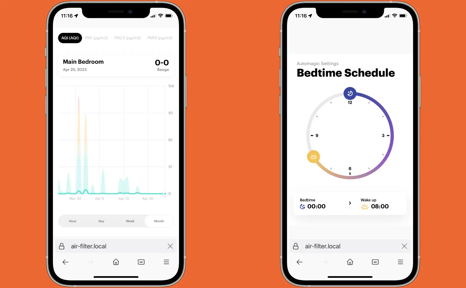 2 screenshots of hypothetical Web app. Graph of air quality over time. Bed time schedule setting set to midnight to 8:00.