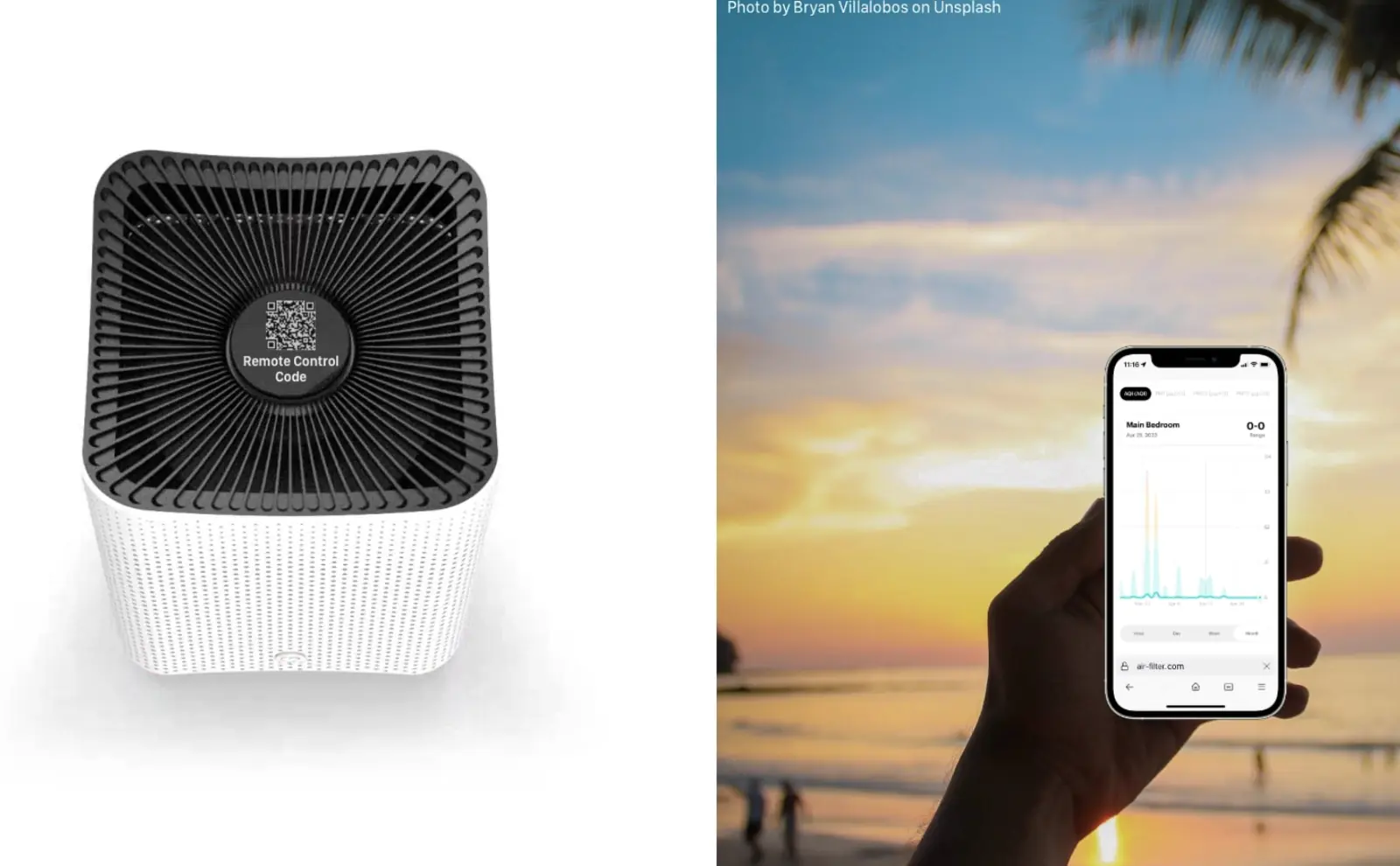 Air purifier on left with a new QR code URL. Hand holding a smart phone with the air purifier Web app loaded against a background of a beach at sunset.