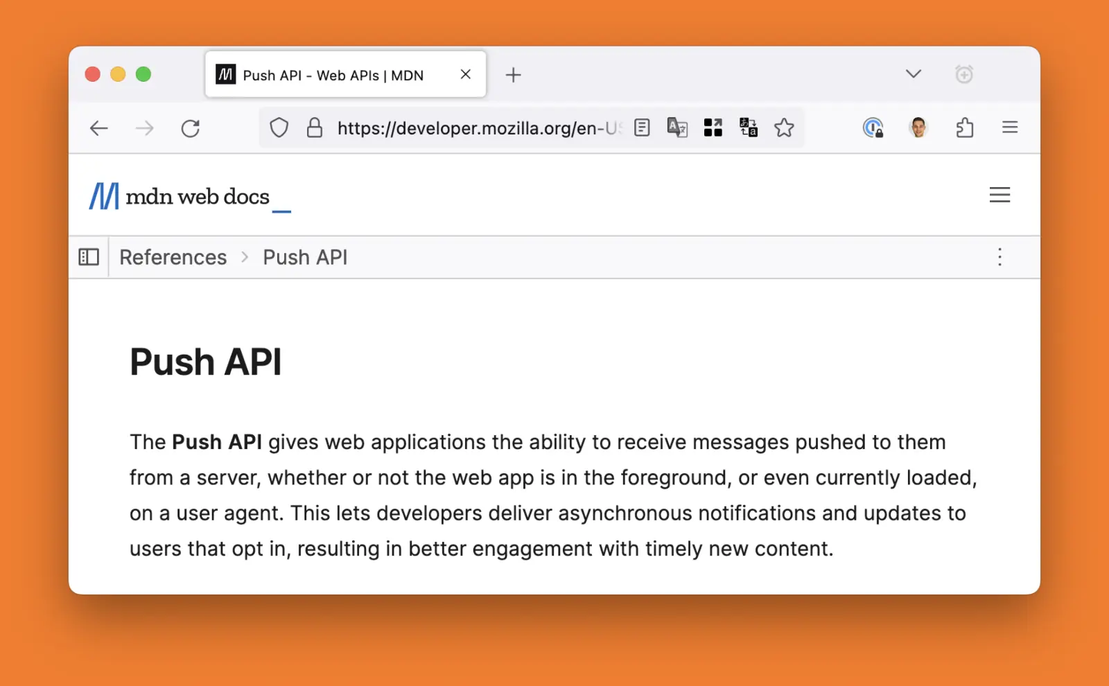 Screenshot of MDN documentation for Push API