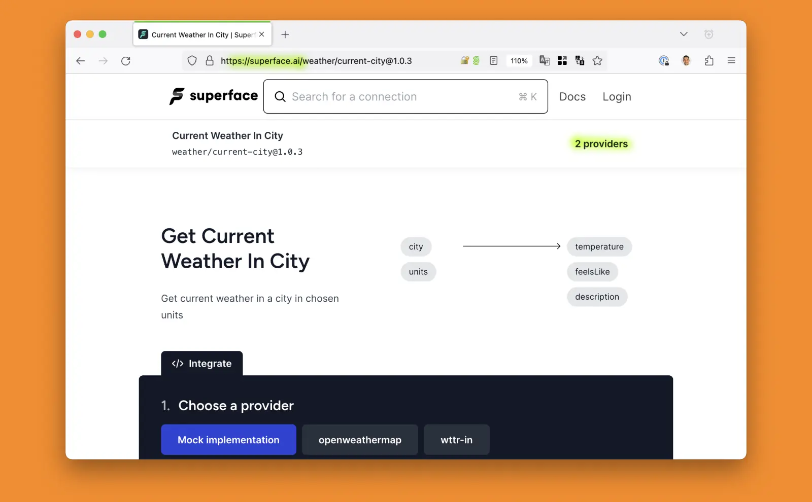 Screenshot of Superface documentation for weather data Web API