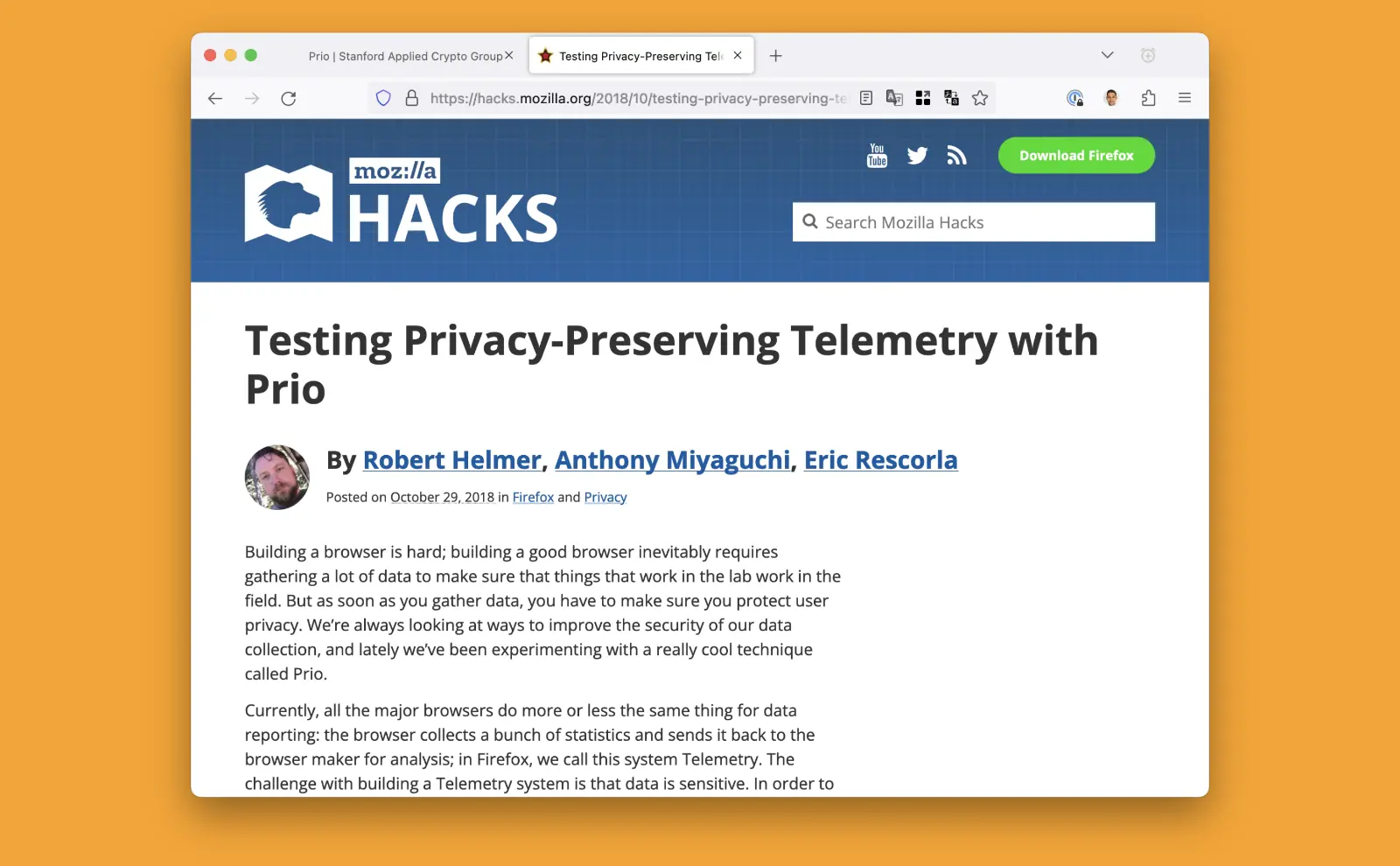 Screenshot of Mozilla Hacks blog post: Testing Privacy-Preserving Telemetry with Prio