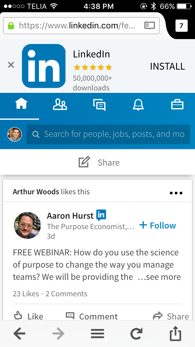 Screenshot of LinkedIn mobile Web app with a top banner promoting its iPhone app