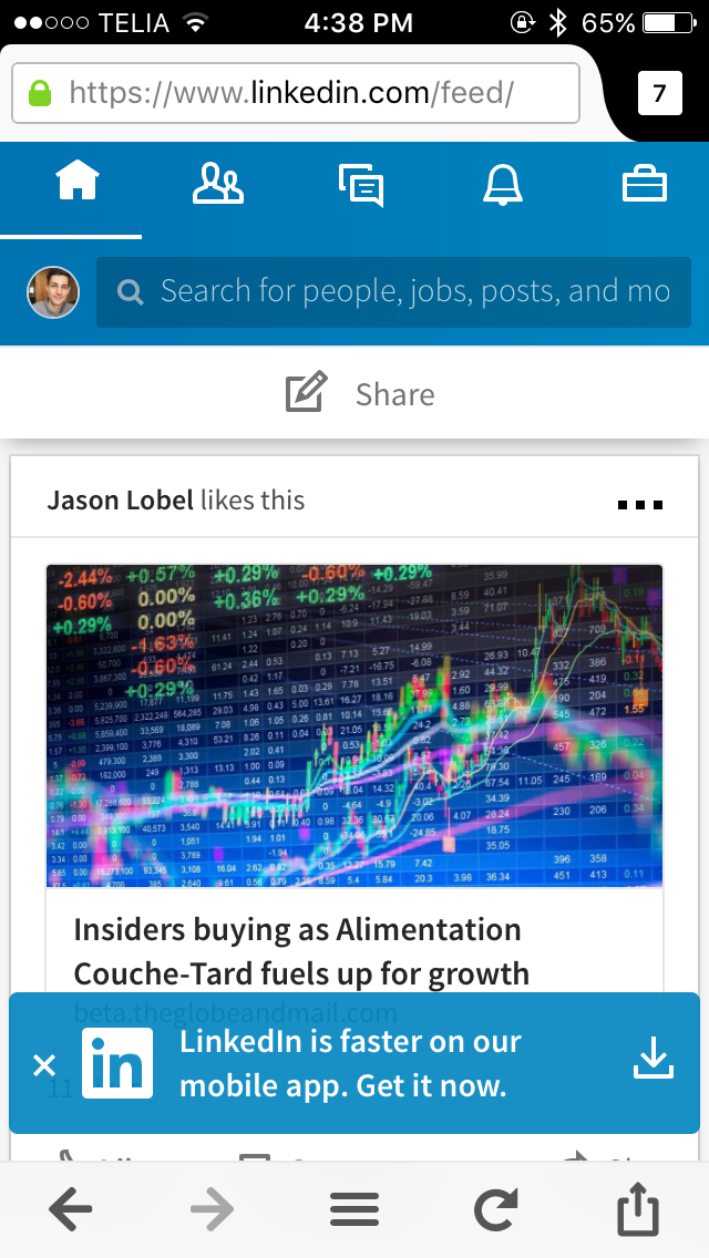 Screenshot of LinkedIn mobile Web app with a bottom banner promoting its iPhone app