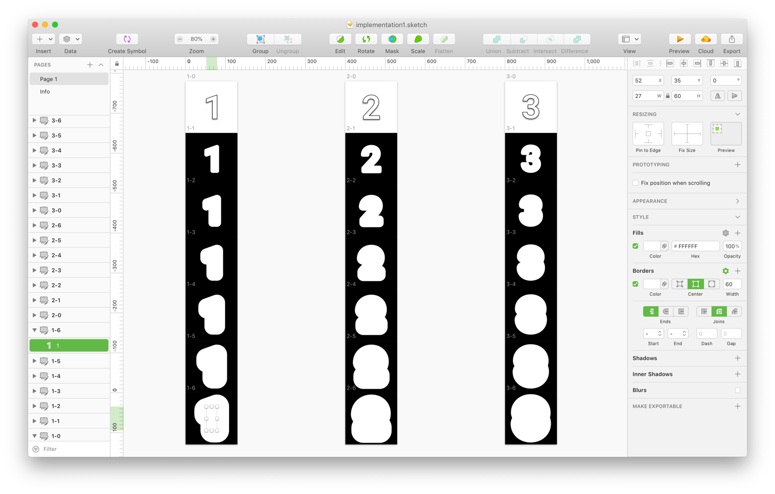 Screenshot of Sketch app showing 7 layers for each number