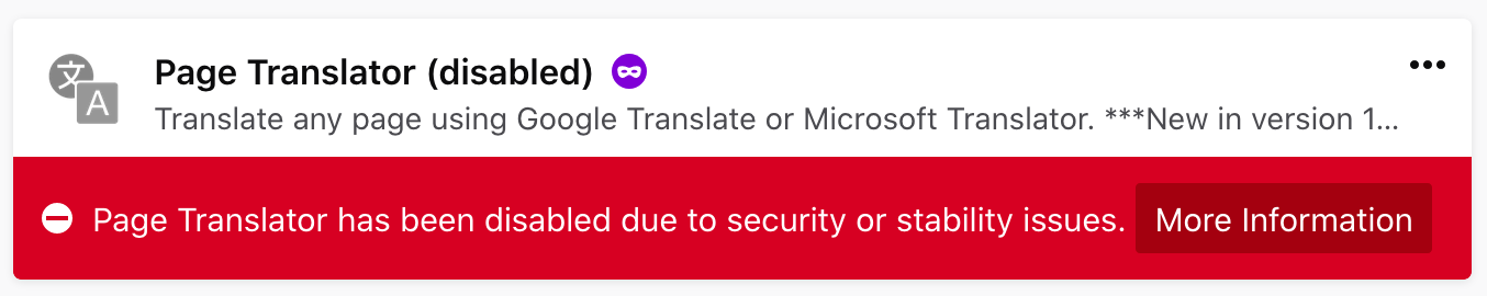 Screenshot of Firefox add-ons manager. White text over red background: Page Translator has been disabled due to security or stability issues.