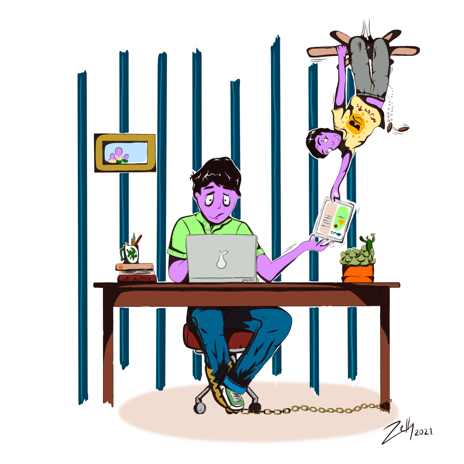 A scene of working from home during the pandemic. Stressed parent working at desk in home. Leg is chained to the desk. Child swings from ceiling fan looking at an iPad the parent is holding. The wall is jail cell bars.