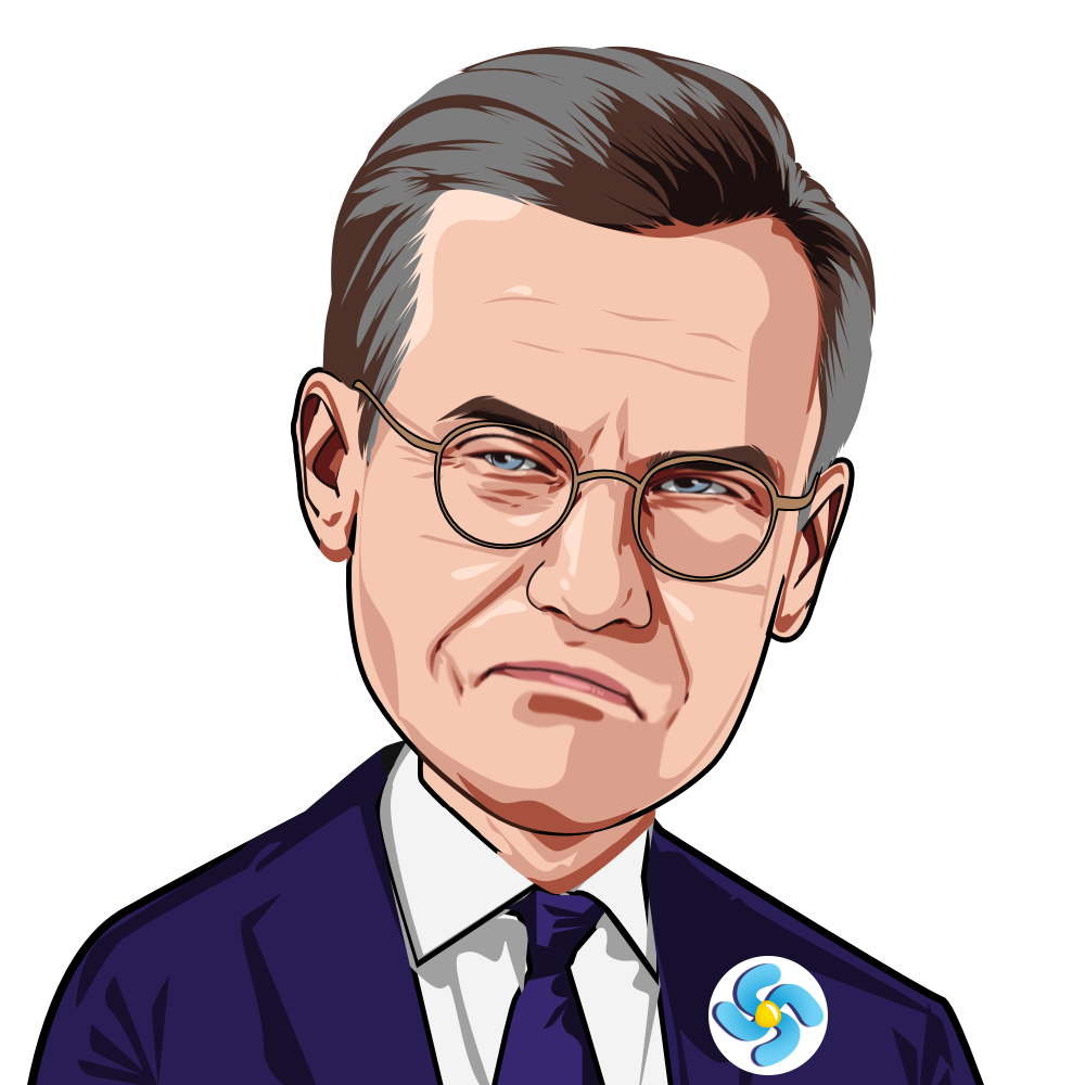 Illustration of Ulf Kristersso frowning while wearing a SDstika lapel pin on the left side of his blue suit jacket