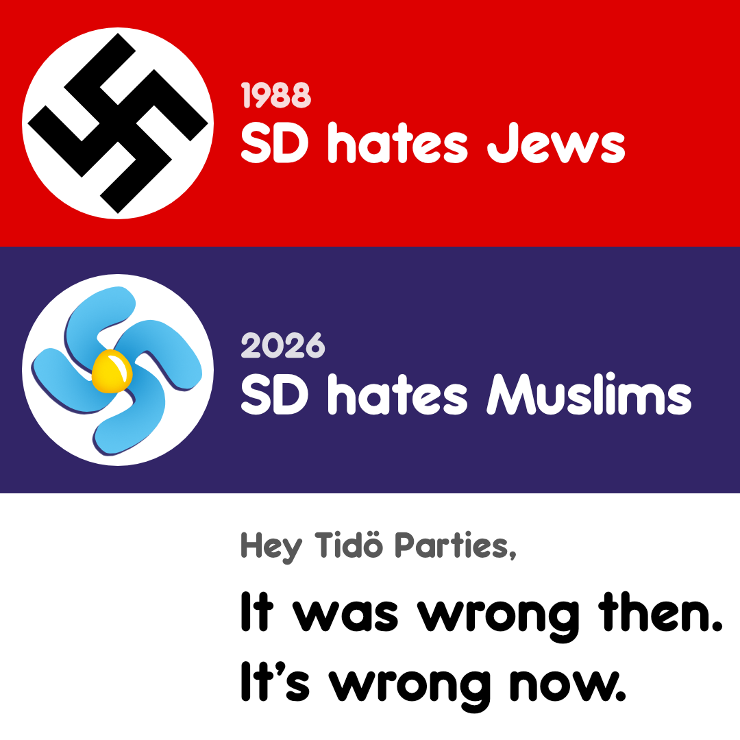 3 rows. Top row has a red background with a Nazi swastika. Text: 1988: SD hates Jews. Second row has a dark blue background and a SDstika. Text: 2026: SD hates Muslims. Bottom row with white background. Text: Hey Tidö Parties, It was wrong then. It's wrong now.