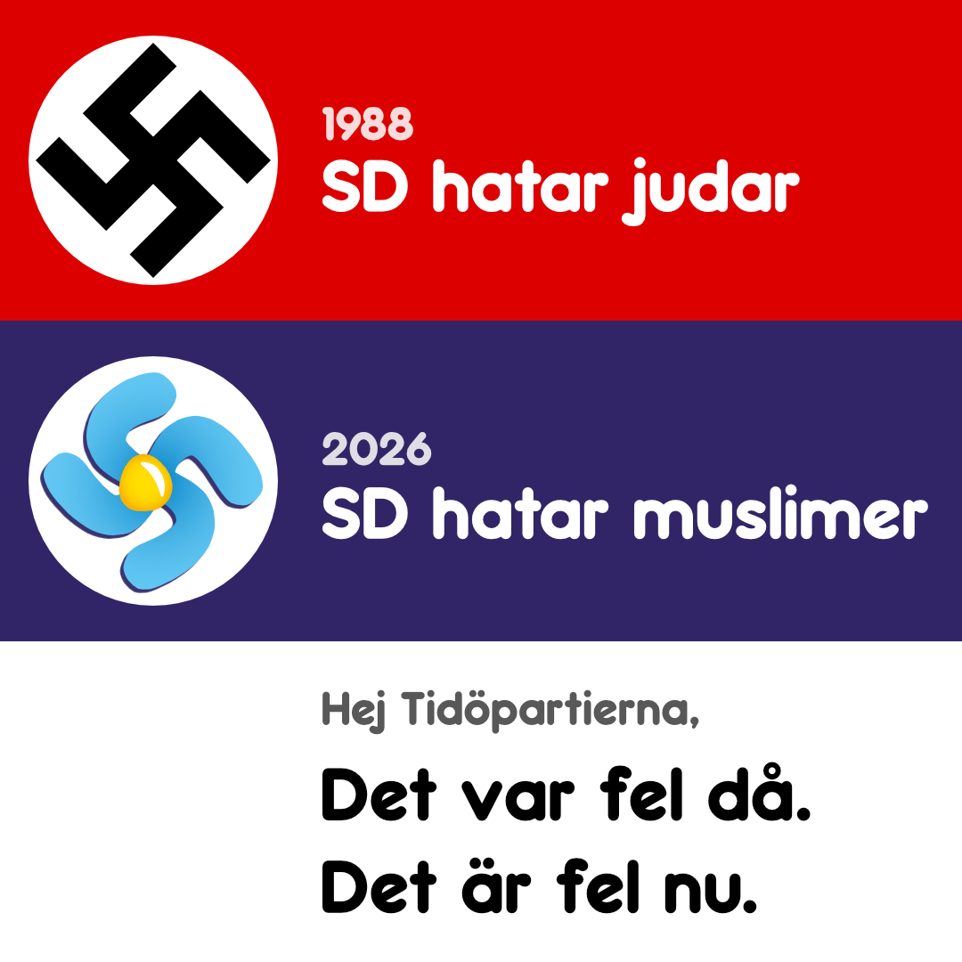 3 rader. Översta raden har en röd bakgrund med ett nazistiskt hakkors. Text: 1988: SD hatar judar. Andra raden har en mörkblå bakgrund och en SDstika. Text: 2026: SD hatar muslimer. Nedersta raden med vit bakgrund. Text: Hej Tidöpartierna, Det var fel då. Det är fel nu.