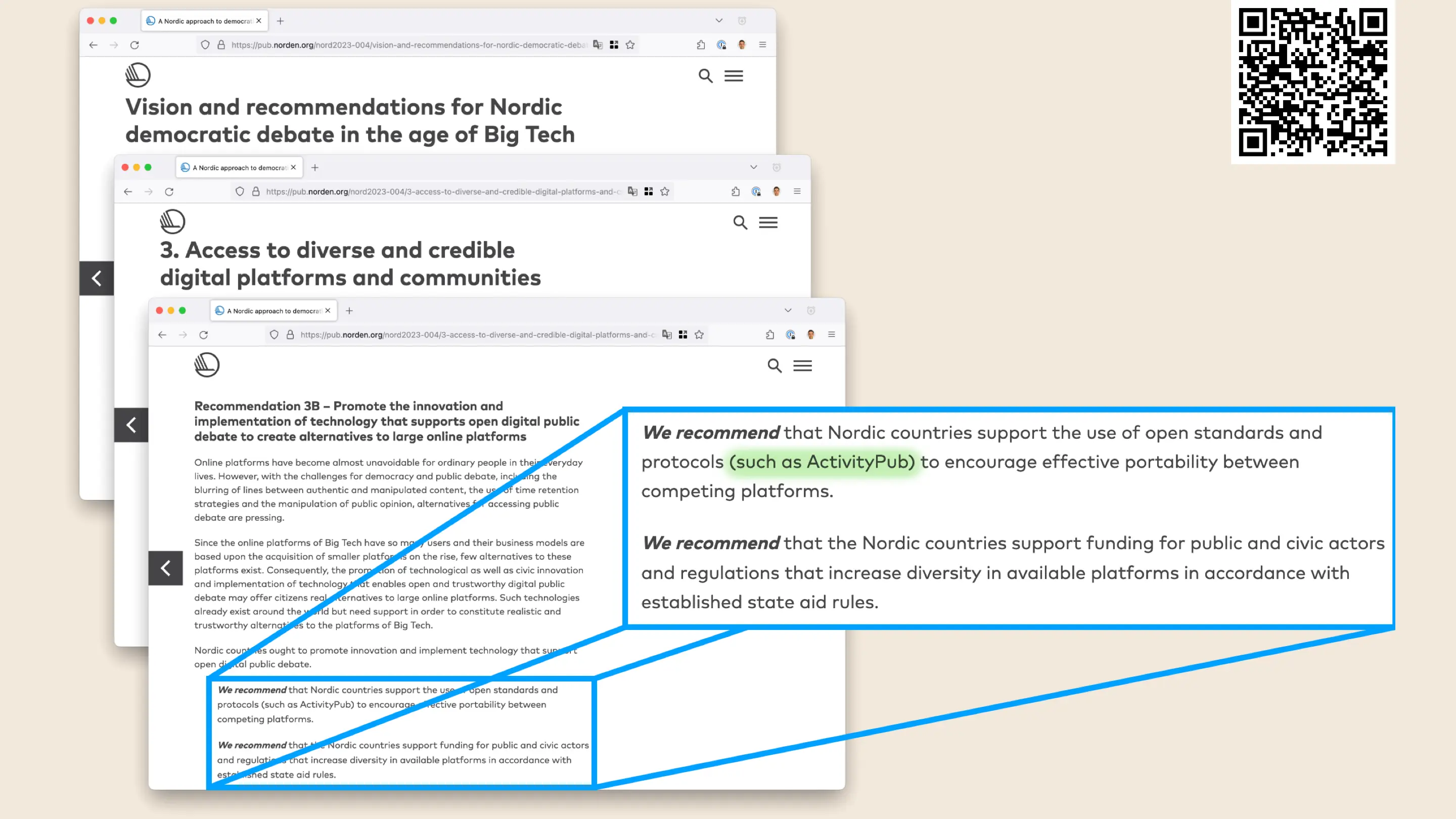 Screenshot of norden.org. Text: We recommend that Nordic countries support the use of open standards and protocols (such as ActivityPub) to encourage effective portability between competing platforms. We recommend that the Nordic countries support funding for public and civic actors and regulations that increase diversity in available platforms in accordance with established state aid rules.