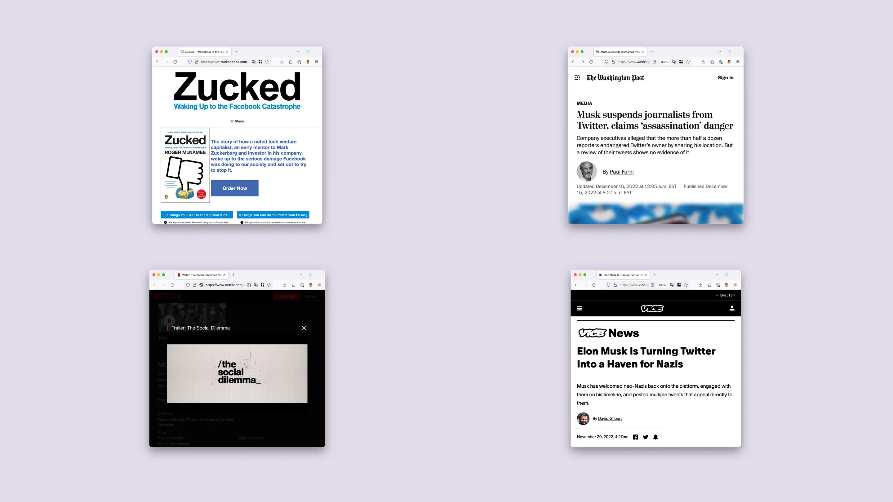 4 images: Zucked book by Roger McNamee, The Social Dilemma documentary on Netflix, Washington Post article with headline Musk suspends journalists, Vice News article with headline Elon Musk is turning Twitter into a haven for Nazis