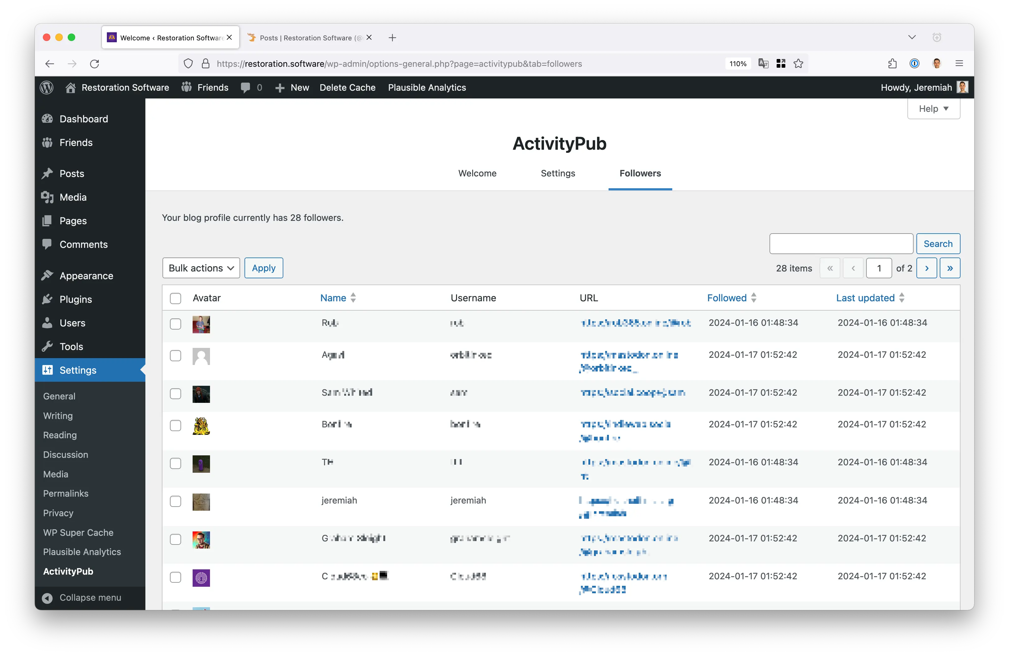 Screenshot of ActivityPub settings page in WordPress admin. Table of followers. Columns for avatar, name, username, URL, followed date, last updated date. Checkbox on each row with a bulk actions dropdown menu.