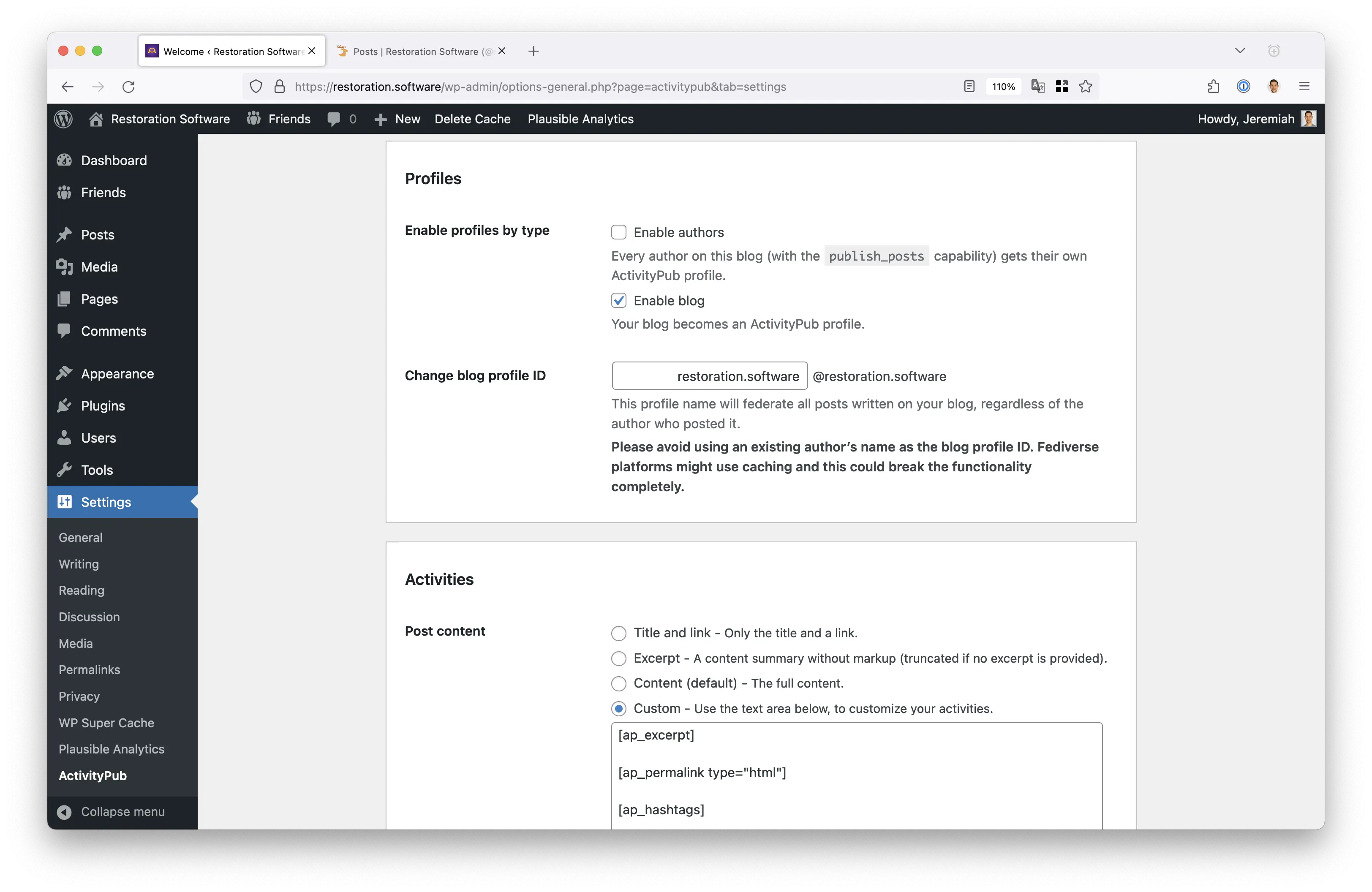 Screenshot of ActivityPub settings page in WordPress admin. Checkboxes for enable authors and enable blog. Post content text area with template tags for deciding what data from a WordPress post gets posted to followers.