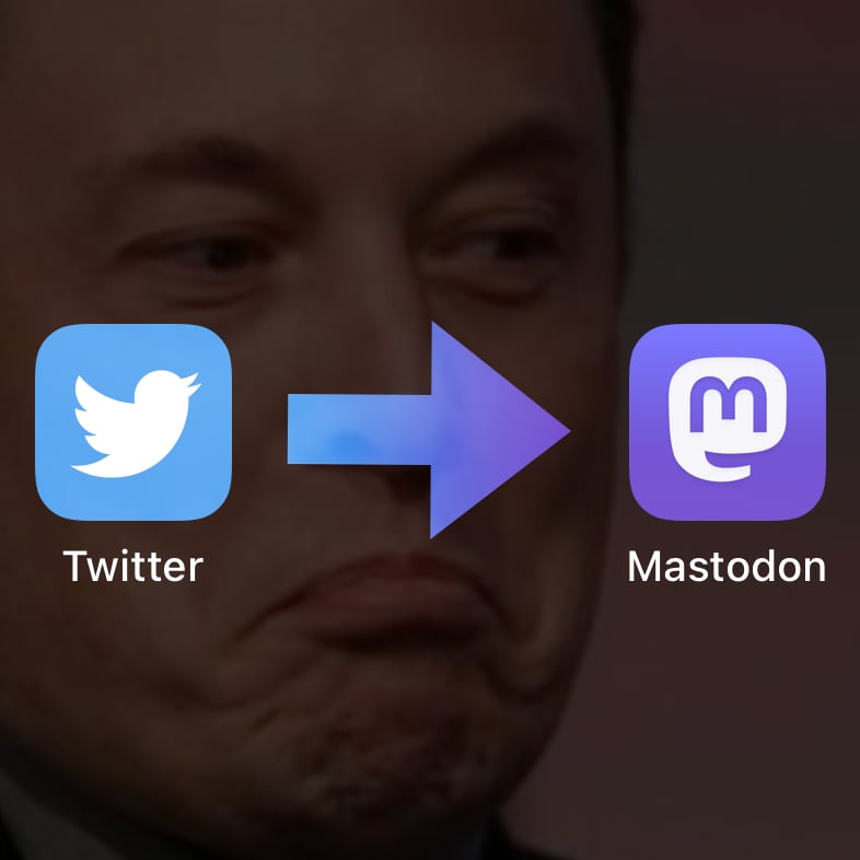 Elon looking sad over the mobile app icons of Twitter and Mastodon