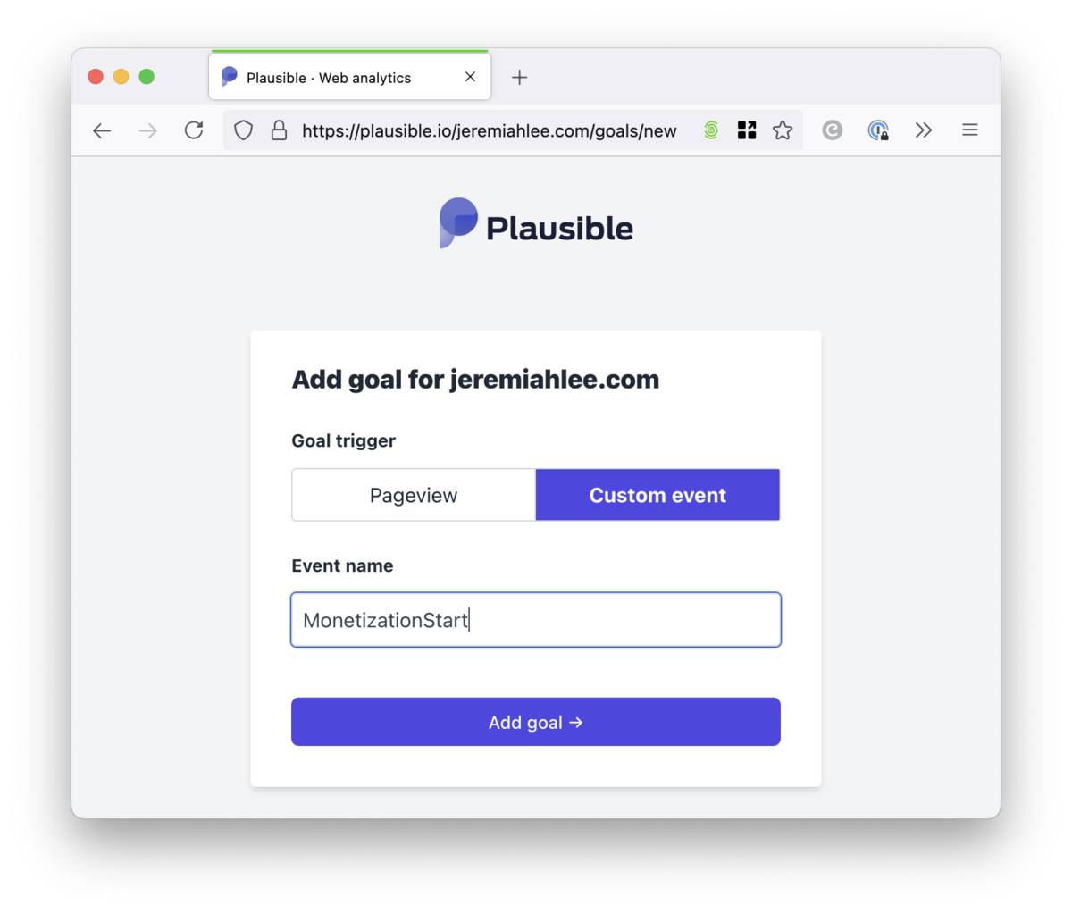 Screenshot of Plausible UI when adding a custom goal event